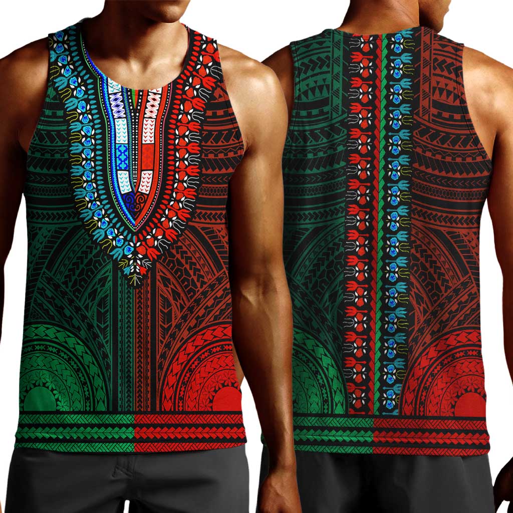 African Dashiki and Polynesian Pattern Men Tank Top Half Green-Red LT9