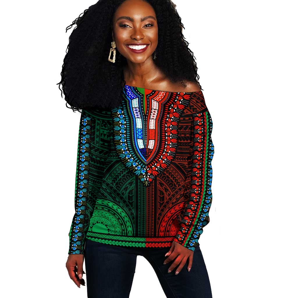African Dashiki and Polynesian Pattern Off Shoulder Sweater Half Green-Red LT9