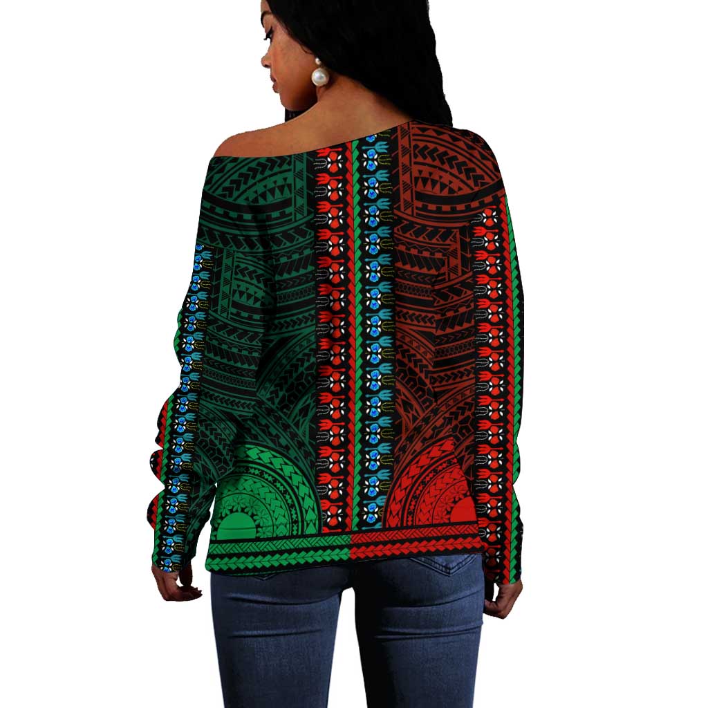 African Dashiki and Polynesian Pattern Off Shoulder Sweater Half Green-Red LT9