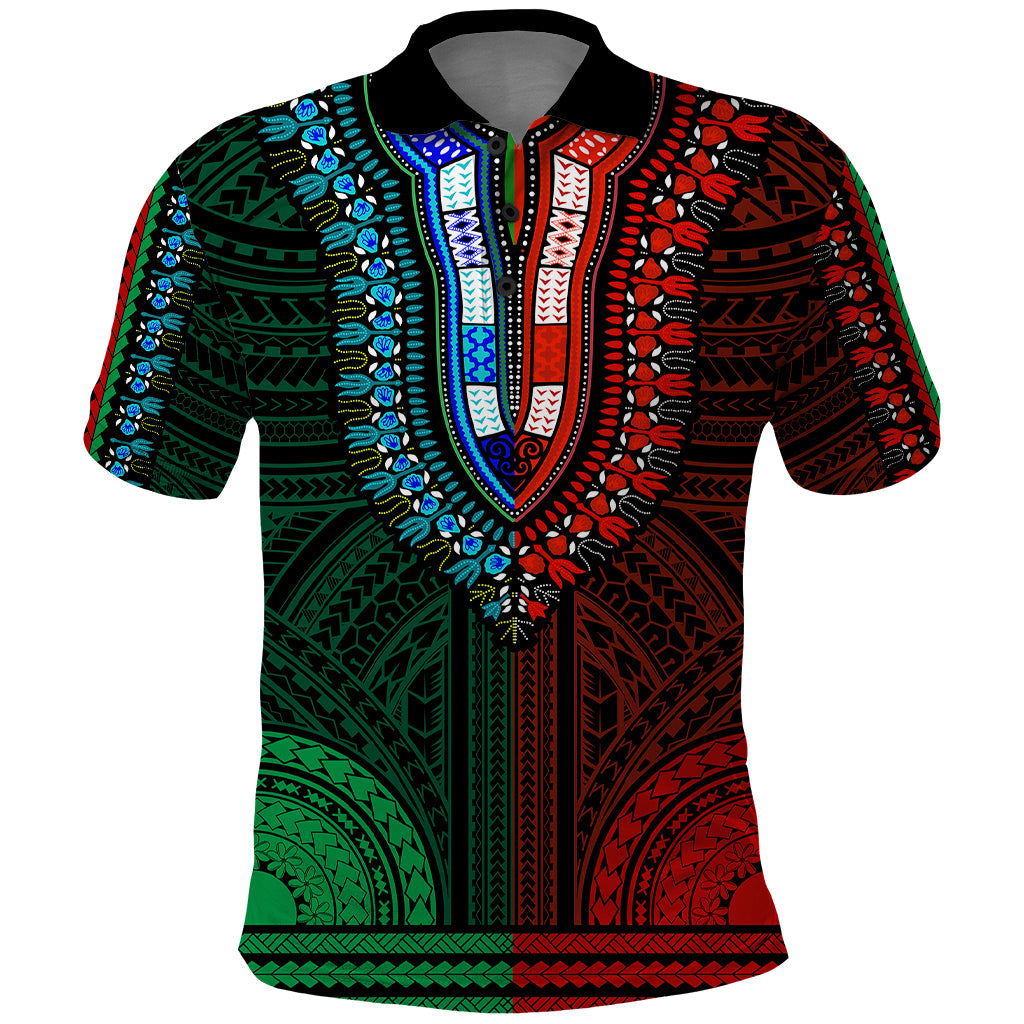 African Dashiki Polo Shirt With Polynesian Pattern - Half Green and Red LT9