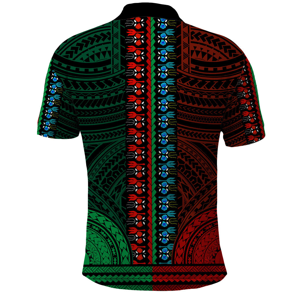 African Dashiki Polo Shirt With Polynesian Pattern - Half Green and Red LT9