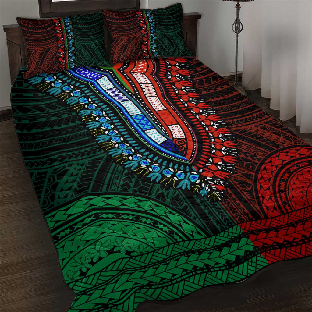 African Dashiki and Polynesian Pattern Quilt Bed Set Half Green-Red LT9