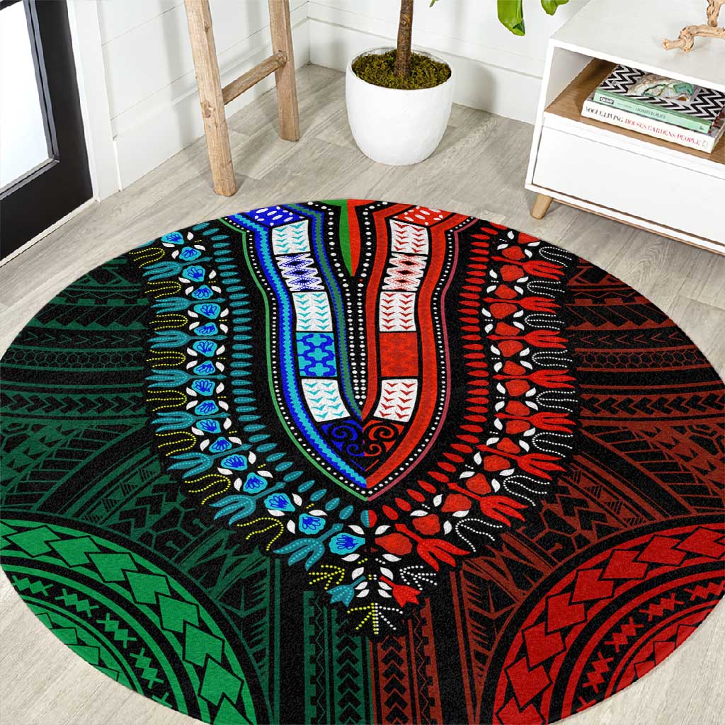 African Dashiki and Polynesian Pattern Round Carpet Half Green-Red LT9
