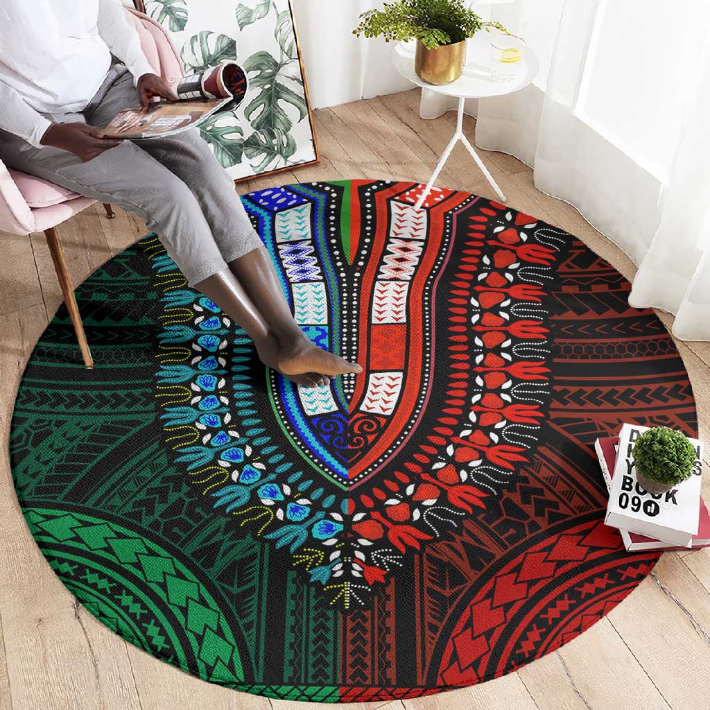 African Dashiki and Polynesian Pattern Round Carpet Half Green-Red LT9