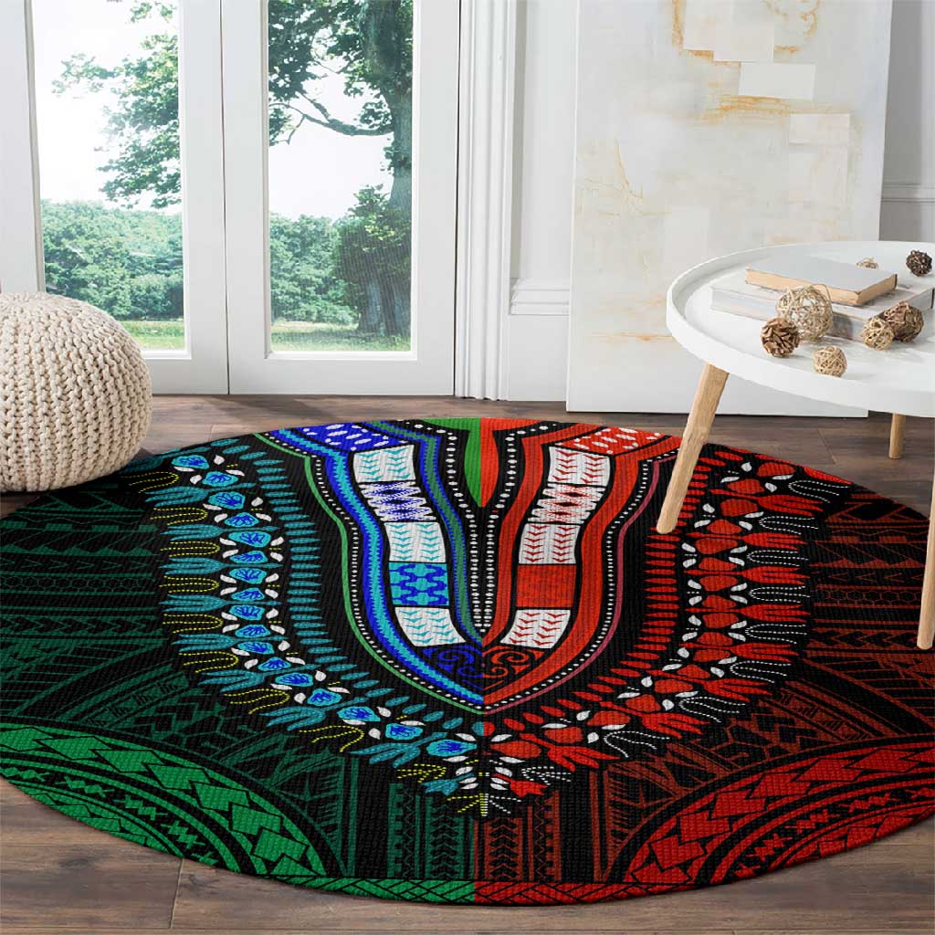 African Dashiki and Polynesian Pattern Round Carpet Half Green-Red LT9