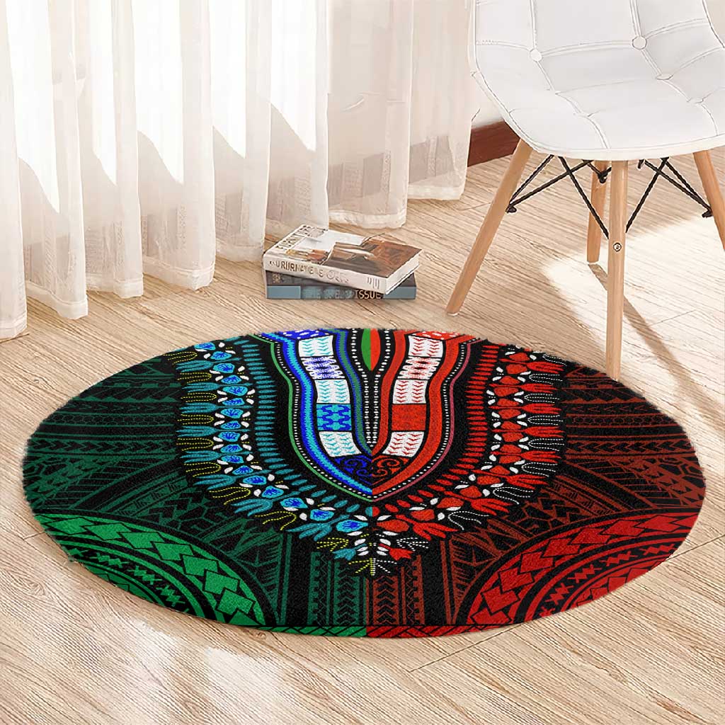 African Dashiki and Polynesian Pattern Round Carpet Half Green-Red LT9