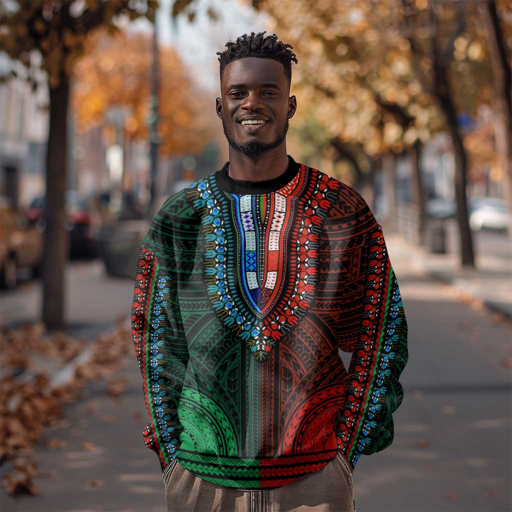 African Dashiki and Polynesian Pattern Sweatshirt Half Green-Red LT9