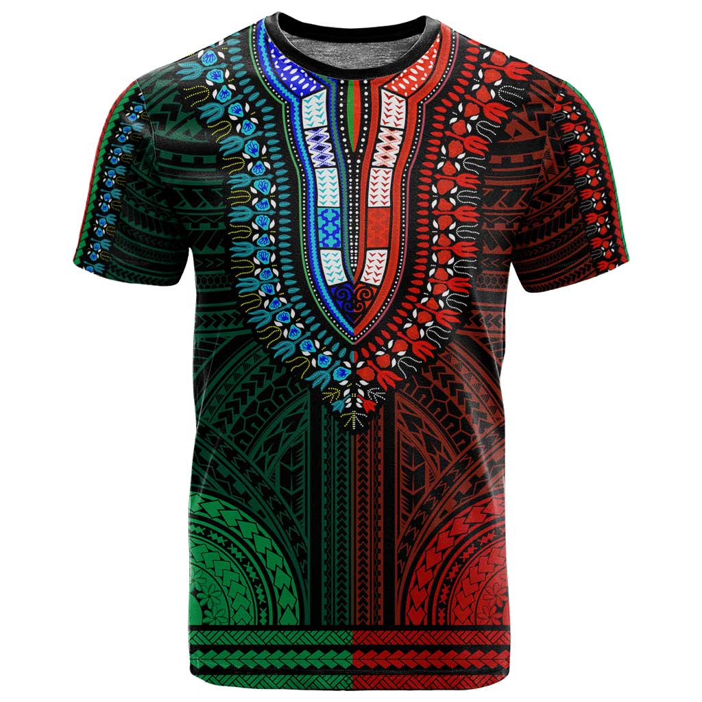 African Dashiki and Polynesian Pattern T shirt Half Green-Red LT9