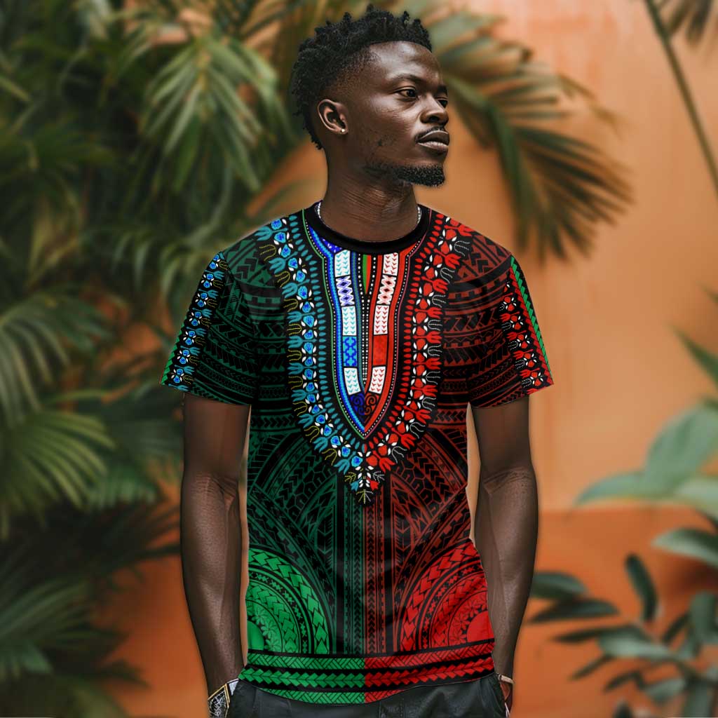 African Dashiki and Polynesian Pattern T shirt Half Green-Red LT9