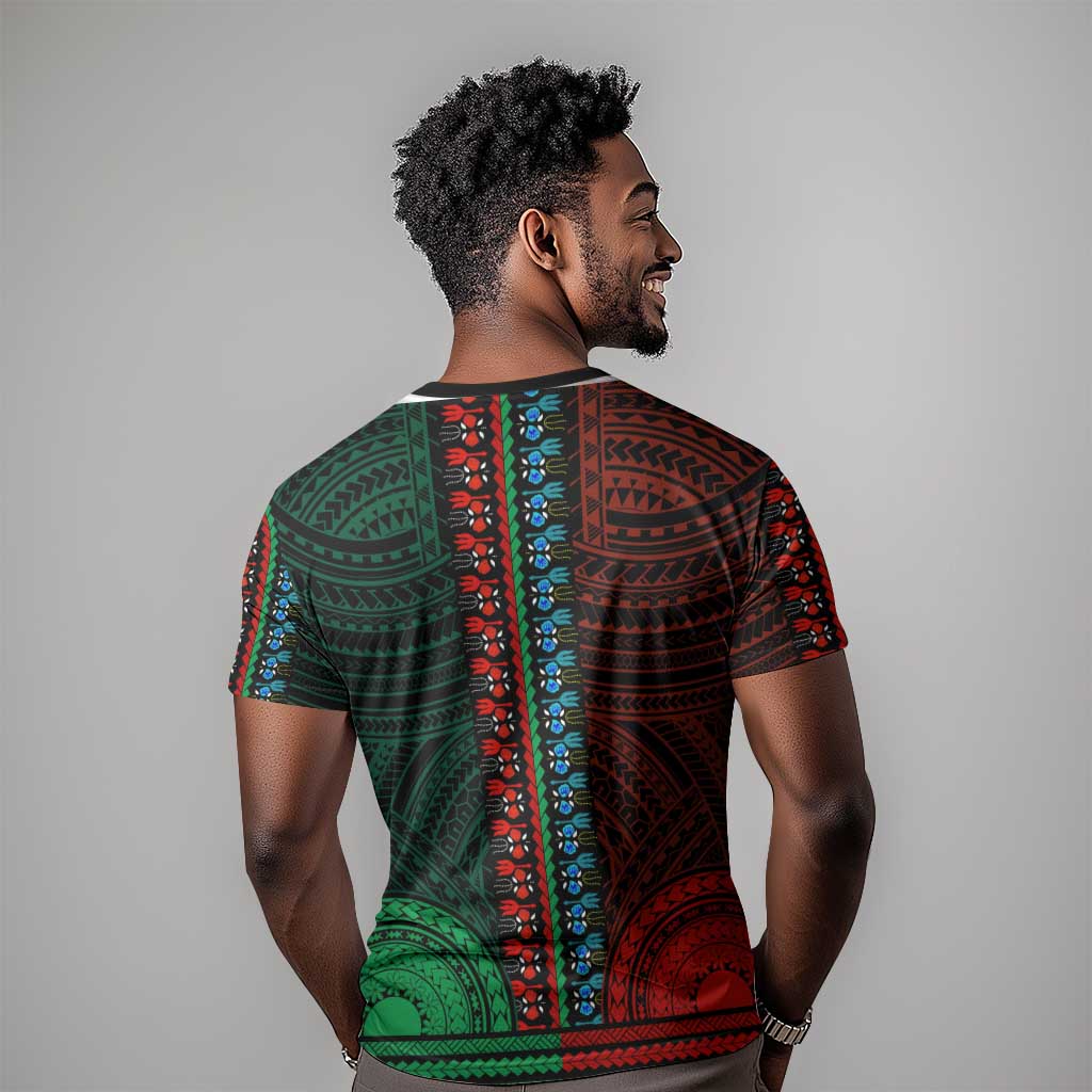 African Dashiki and Polynesian Pattern T shirt Half Green-Red LT9