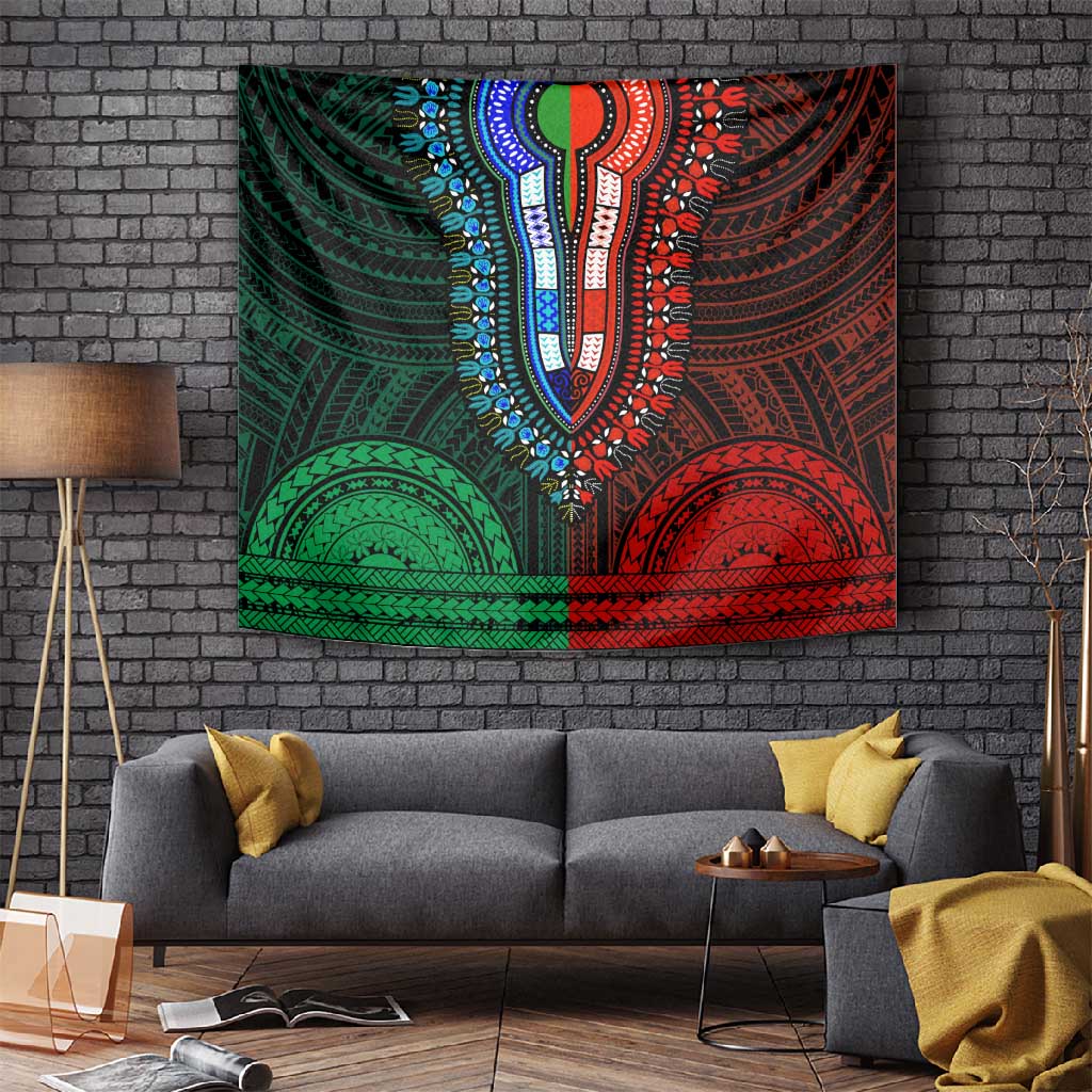 African Dashiki and Polynesian Pattern Tapestry Half Green-Red LT9