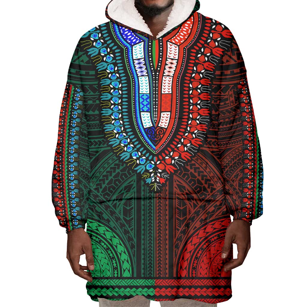 African Dashiki and Polynesian Pattern Wearable Blanket Hoodie Half Green-Red LT9