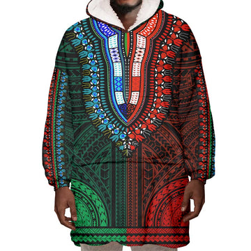 African Dashiki and Polynesian Pattern Wearable Blanket Hoodie Half Green-Red LT9