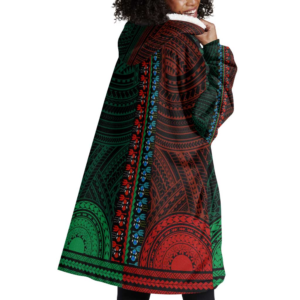 African Dashiki and Polynesian Pattern Wearable Blanket Hoodie Half Green-Red LT9