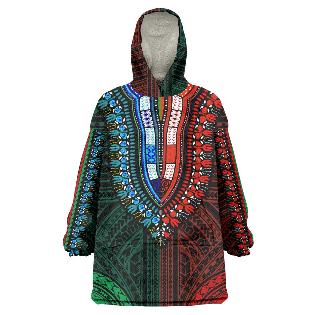 African Dashiki and Polynesian Pattern Wearable Blanket Hoodie Half Green-Red LT9