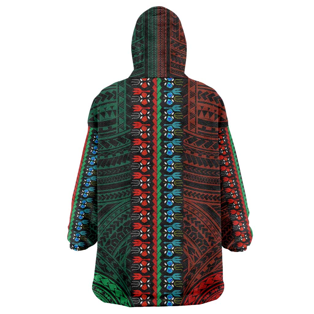 African Dashiki and Polynesian Pattern Wearable Blanket Hoodie Half Green-Red LT9