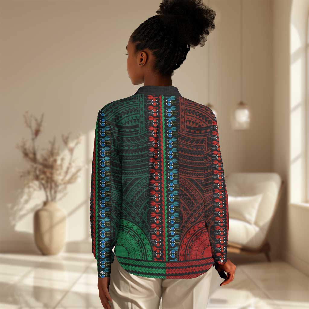 African Dashiki and Polynesian Pattern Women Casual Shirt Half Green-Red LT9