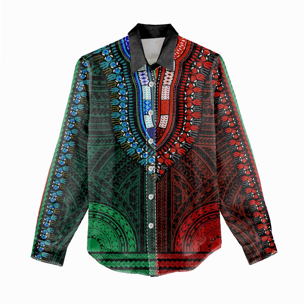 African Dashiki and Polynesian Pattern Women Casual Shirt Half Green-Red LT9