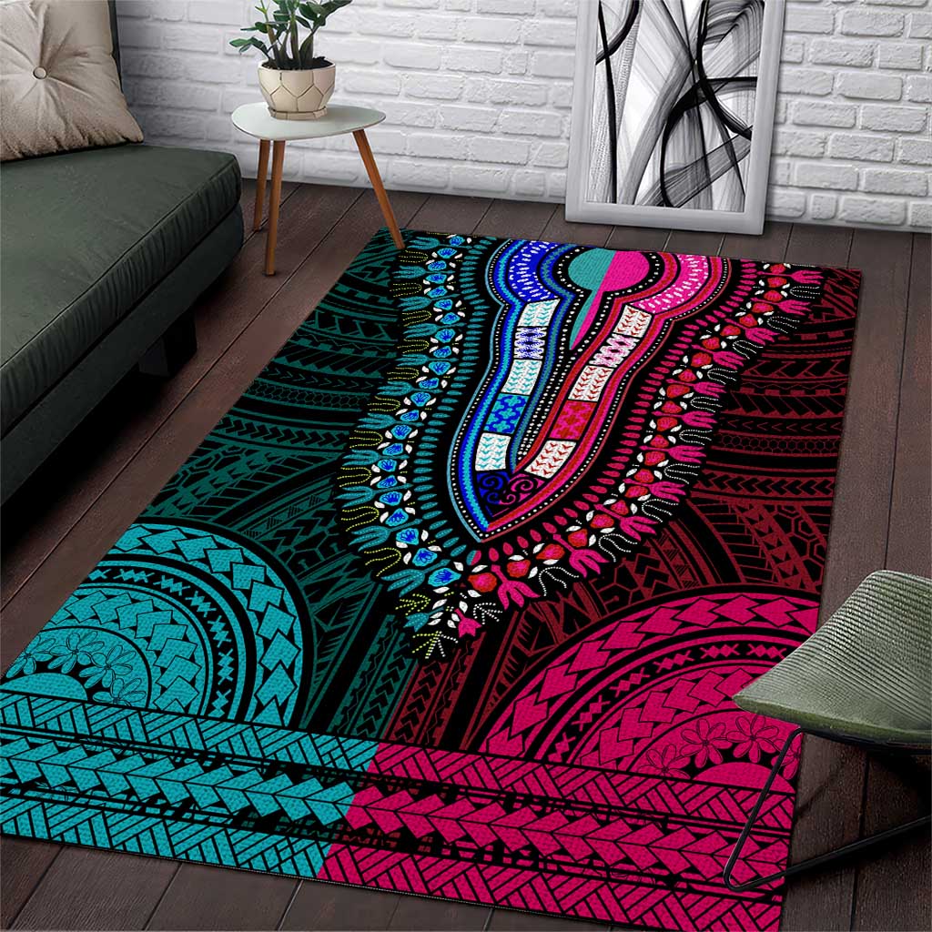 African Dashiki and Polynesian Pattern Area Rug Half Teal-Pink LT9