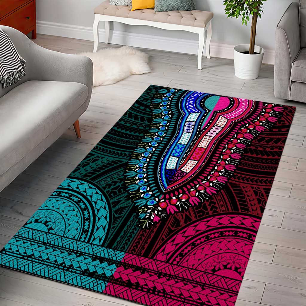 African Dashiki and Polynesian Pattern Area Rug Half Teal-Pink LT9