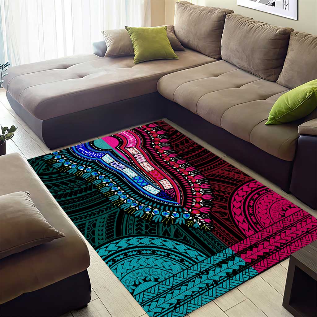 African Dashiki and Polynesian Pattern Area Rug Half Teal-Pink LT9