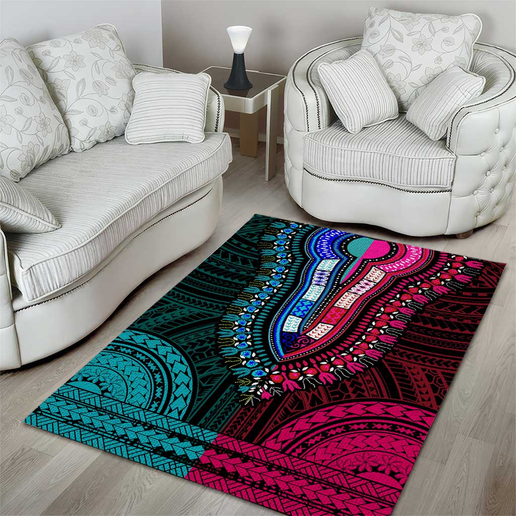 African Dashiki and Polynesian Pattern Area Rug Half Teal-Pink LT9
