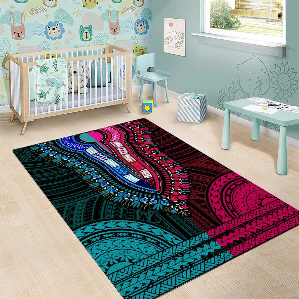 African Dashiki and Polynesian Pattern Area Rug Half Teal-Pink LT9