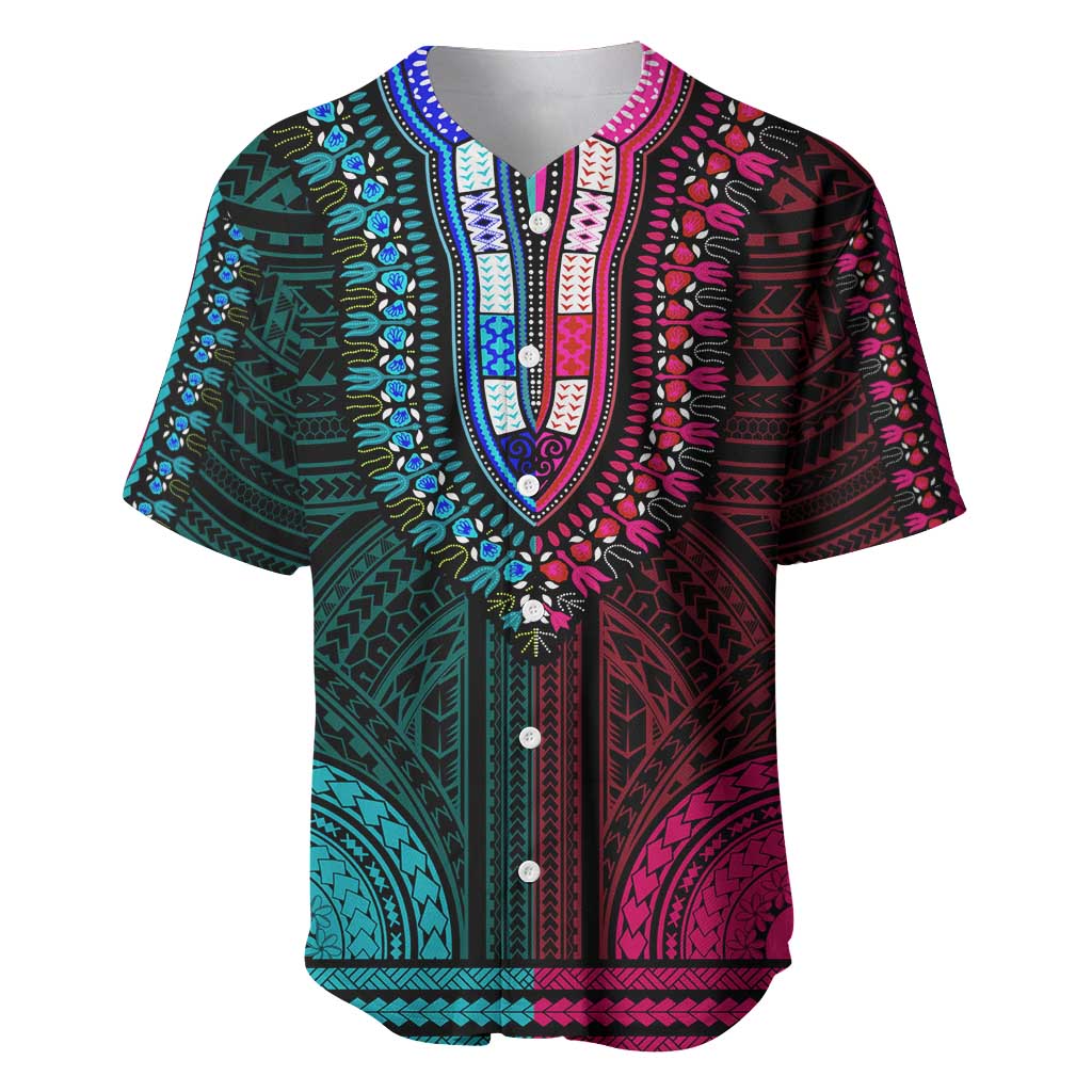 African Dashiki and Polynesian Pattern Baseball Jersey Half Teal-Pink LT9