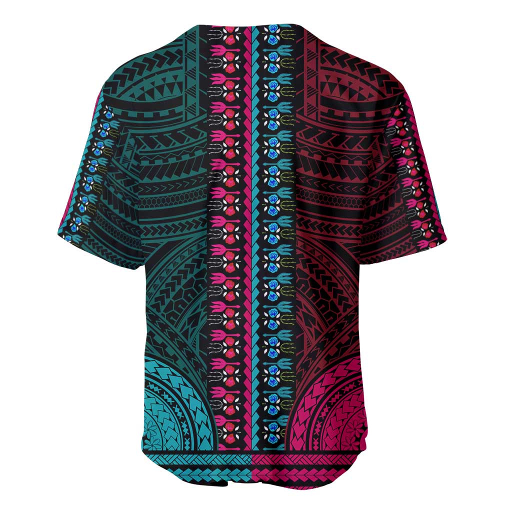 African Dashiki and Polynesian Pattern Baseball Jersey Half Teal-Pink LT9
