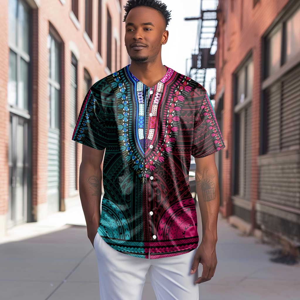 African Dashiki and Polynesian Pattern Baseball Jersey Half Teal-Pink LT9
