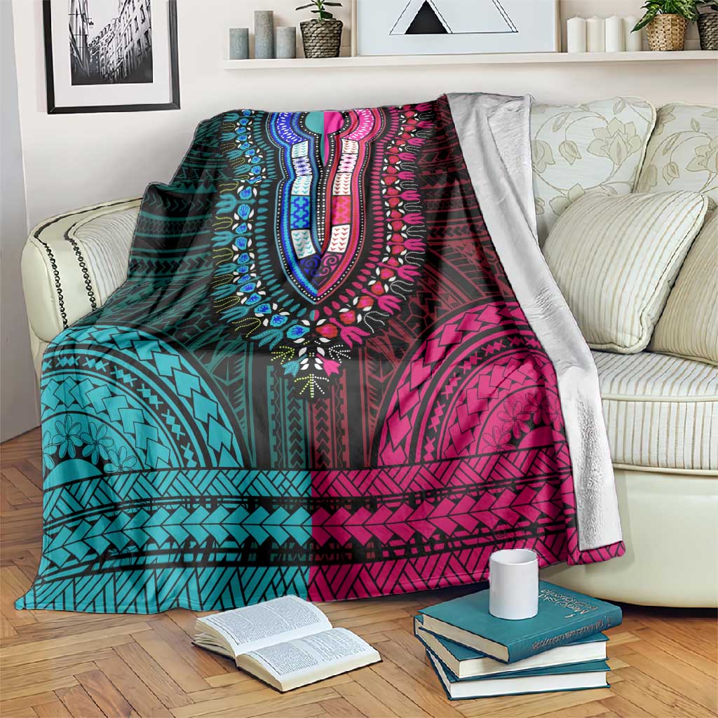 African Dashiki and Polynesian Pattern Blanket Half Teal-Pink LT9