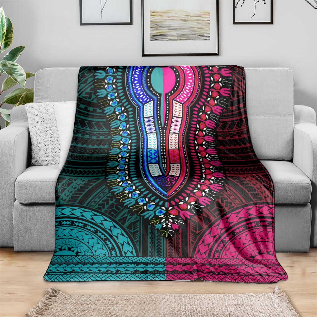 African Dashiki and Polynesian Pattern Blanket Half Teal-Pink LT9