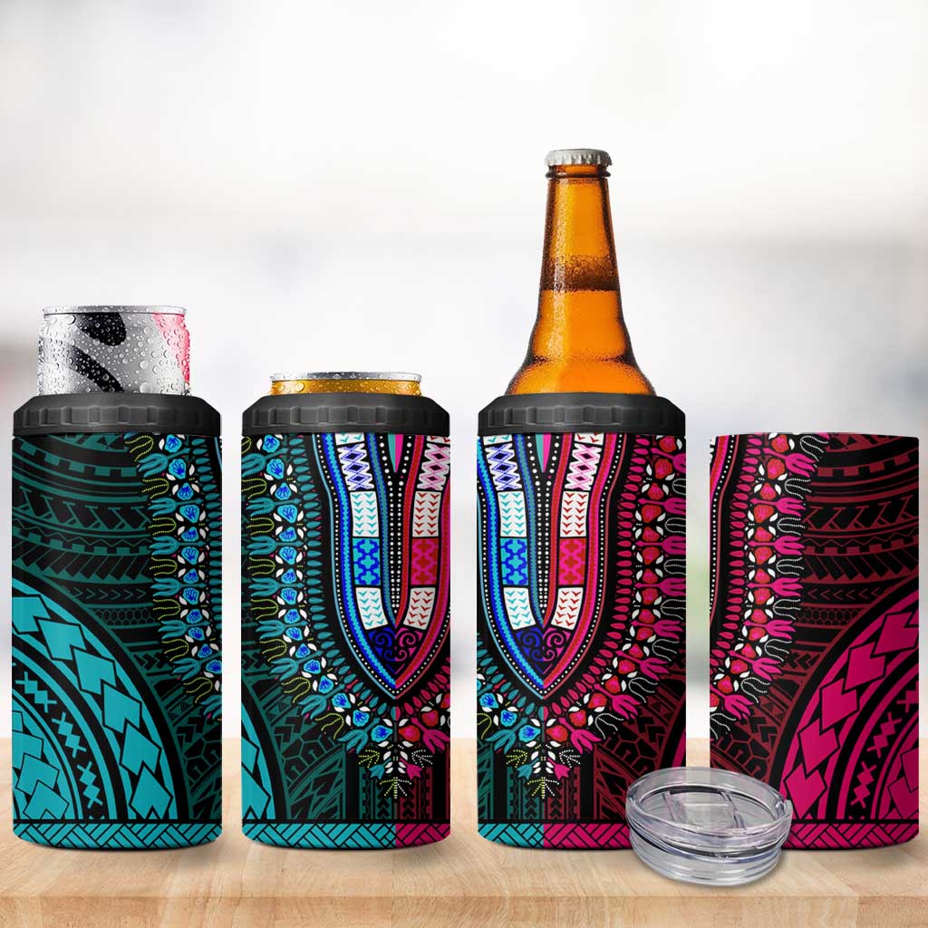 African Dashiki and Polynesian Pattern 4 in 1 Can Cooler Tumbler Half Teal-Pink LT9