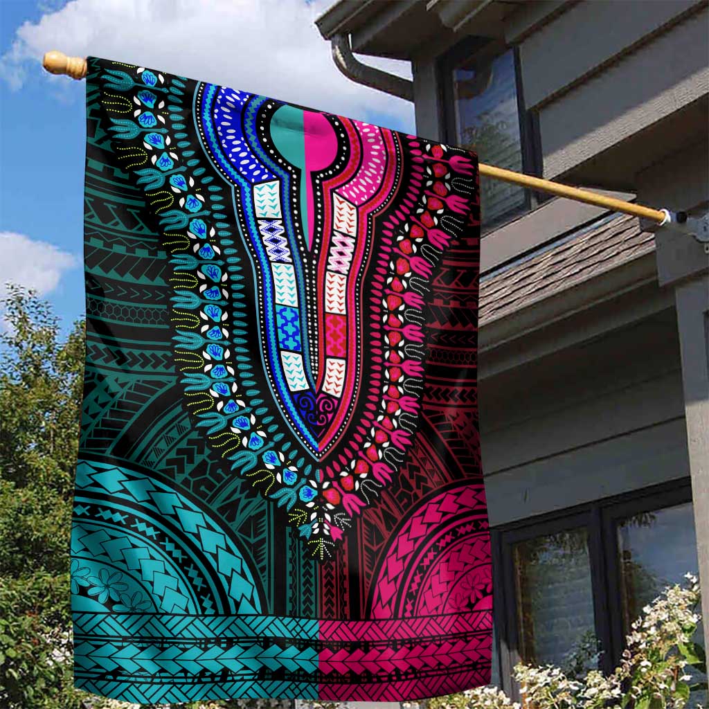 African Dashiki and Polynesian Pattern Garden Flag Half Teal-Pink LT9