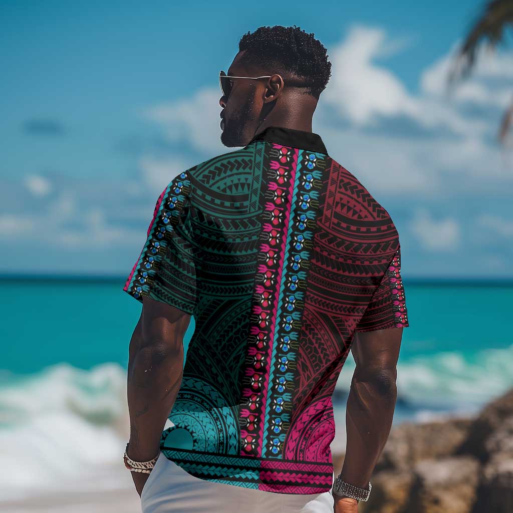 African Dashiki and Polynesian Pattern Hawaiian Shirt Half Teal-Pink LT9