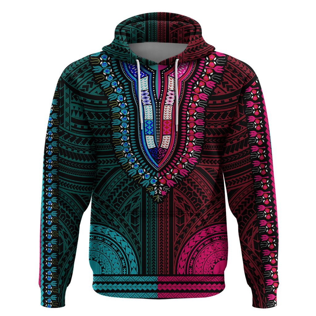 African Dashiki Hoodie With Polynesian Pattern - Half Teal and Pink LT9