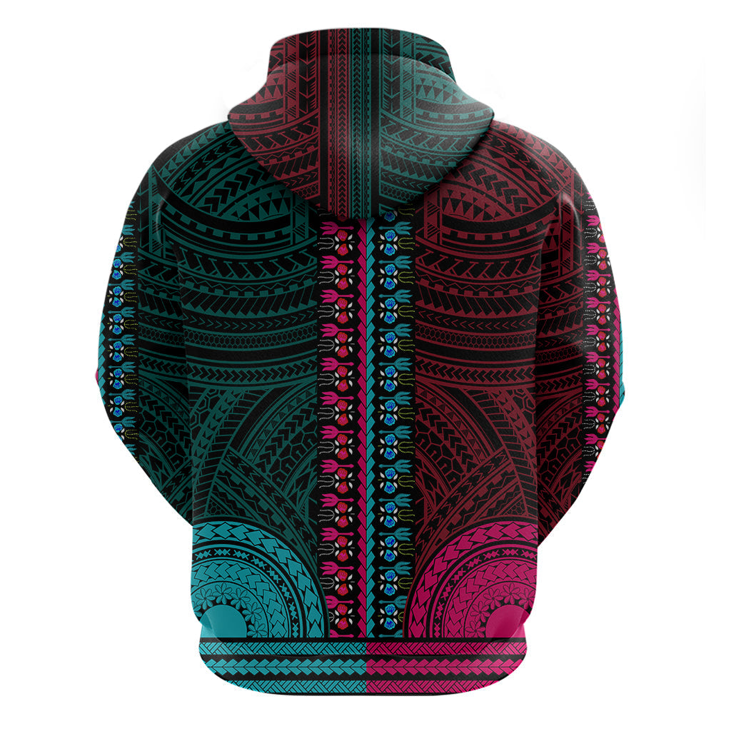 African Dashiki Hoodie With Polynesian Pattern - Half Teal and Pink LT9