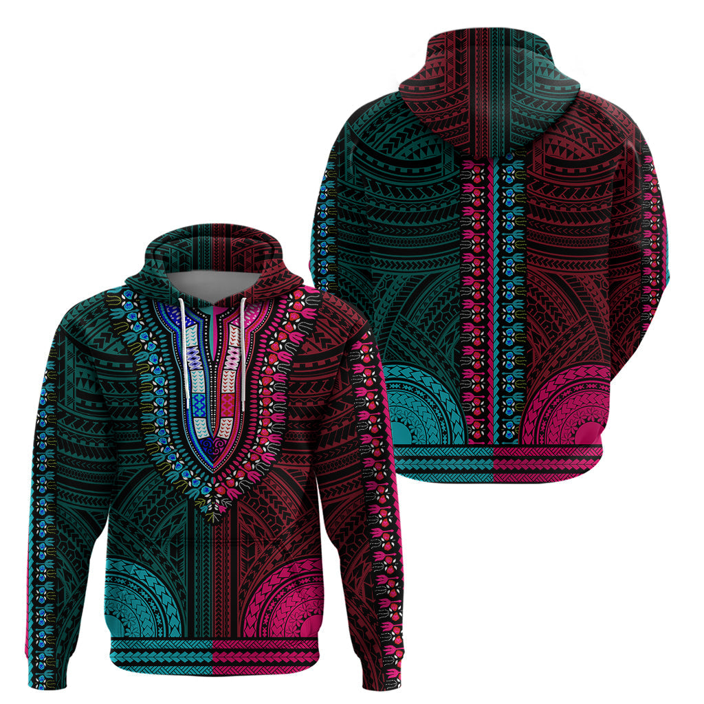 African Dashiki Hoodie With Polynesian Pattern - Half Teal and Pink LT9