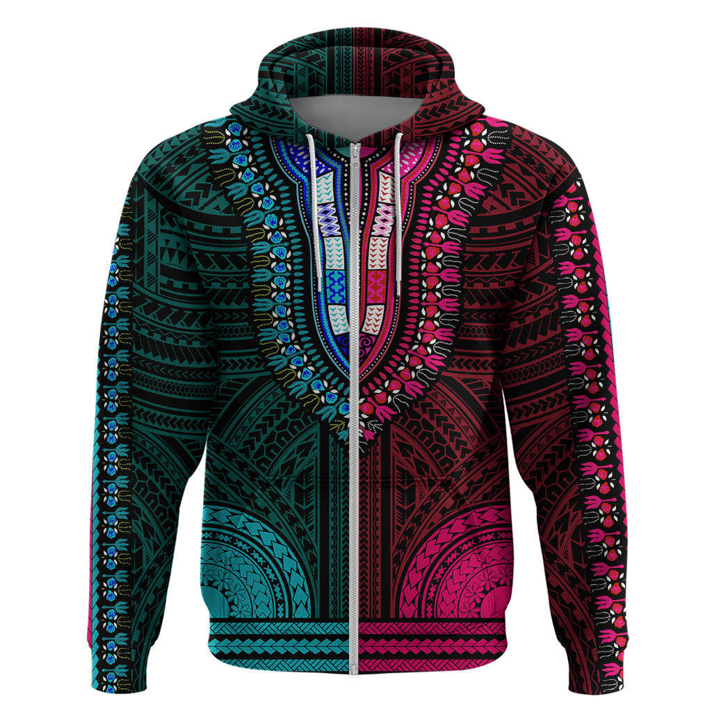 African Dashiki Hoodie With Polynesian Pattern - Half Teal and Pink LT9