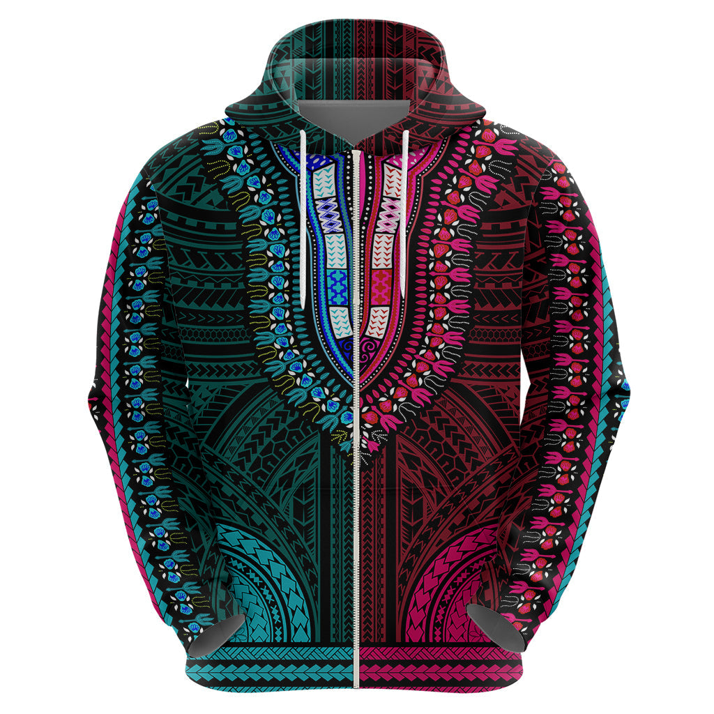 African Dashiki Hoodie With Polynesian Pattern - Half Teal and Pink LT9