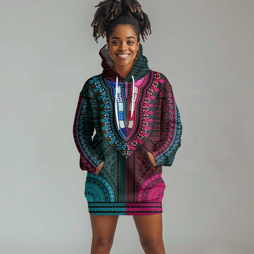 African Dashiki and Polynesian Pattern Hoodie Dress Half Teal-Pink LT9
