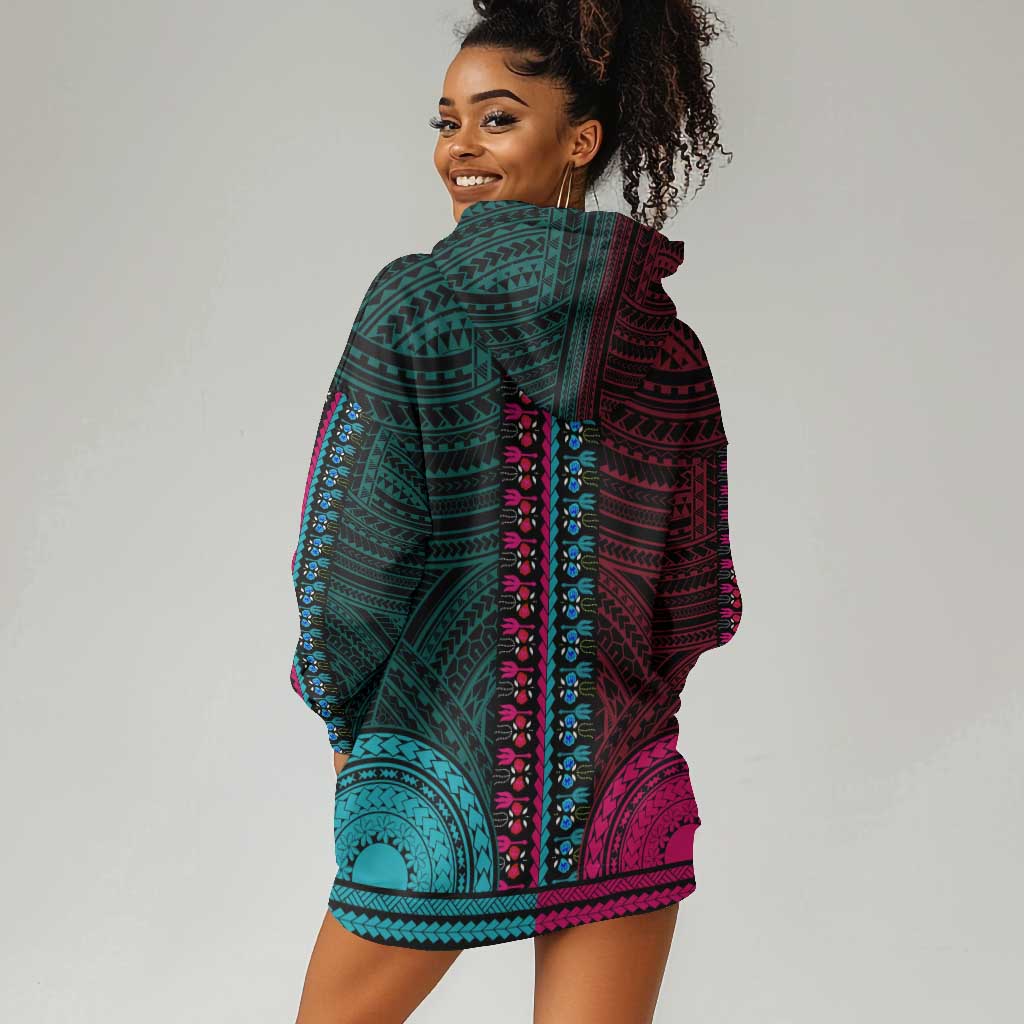 African Dashiki and Polynesian Pattern Hoodie Dress Half Teal-Pink LT9