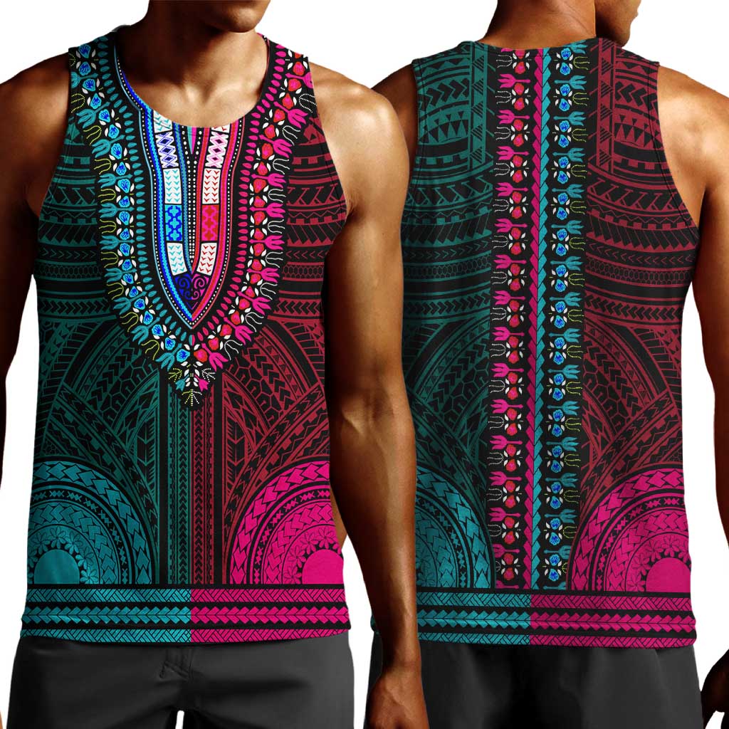 African Dashiki and Polynesian Pattern Men Tank Top Half Teal-Pink LT9