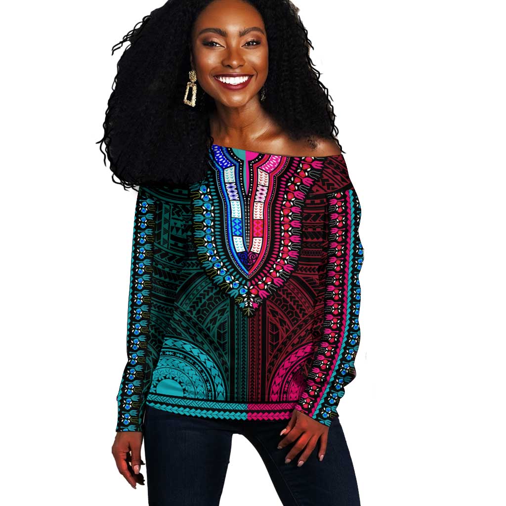African Dashiki and Polynesian Pattern Off Shoulder Sweater Half Teal-Pink LT9