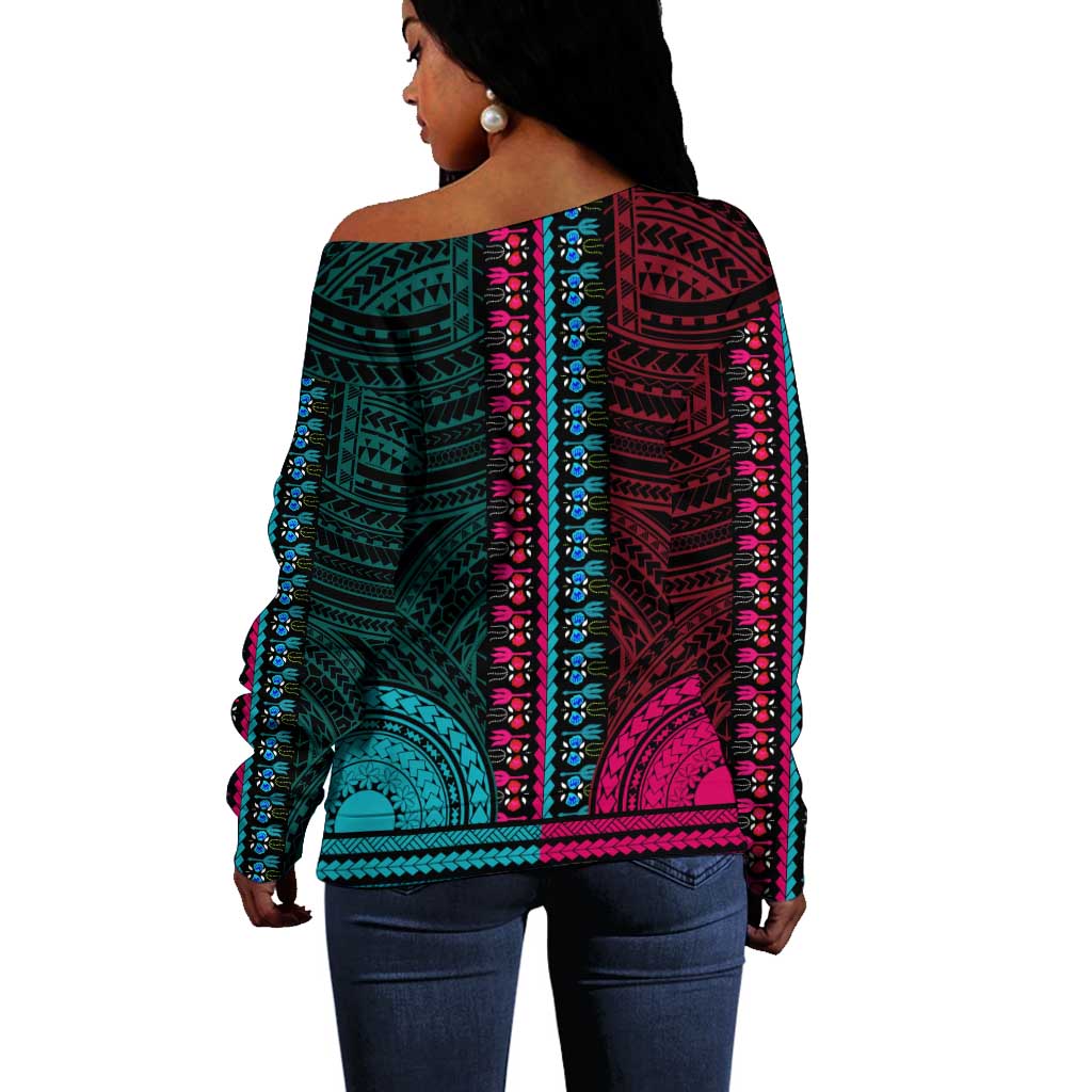 African Dashiki and Polynesian Pattern Off Shoulder Sweater Half Teal-Pink LT9