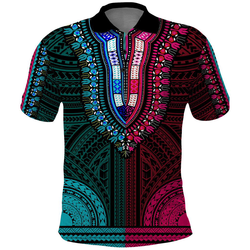 African Dashiki Polo Shirt With Polynesian Pattern - Half Teal and Pink LT9