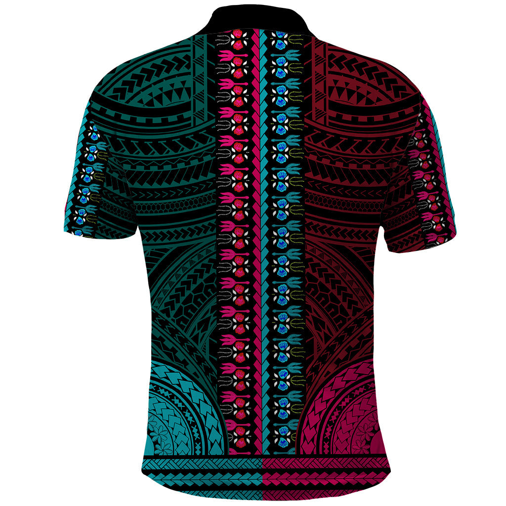 African Dashiki Polo Shirt With Polynesian Pattern - Half Teal and Pink LT9