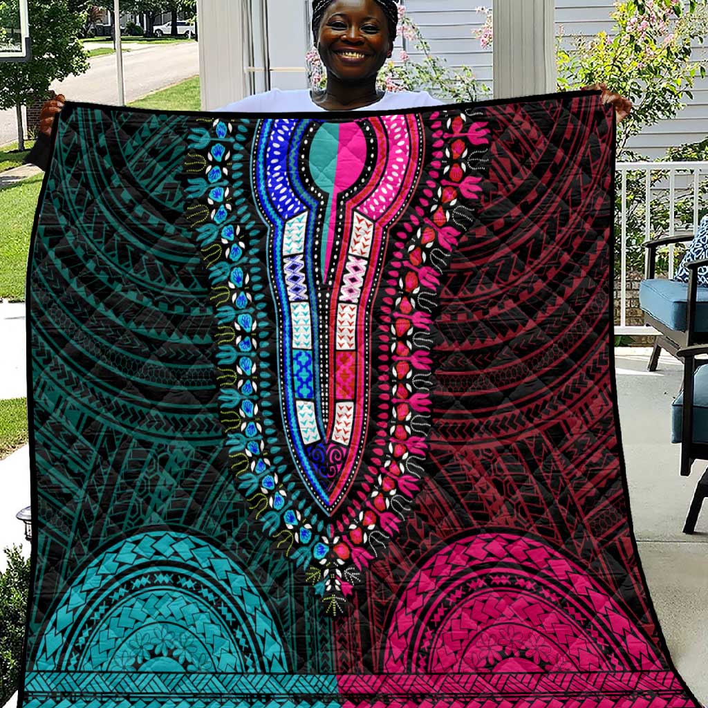 African Dashiki and Polynesian Pattern Quilt Half Teal-Pink LT9