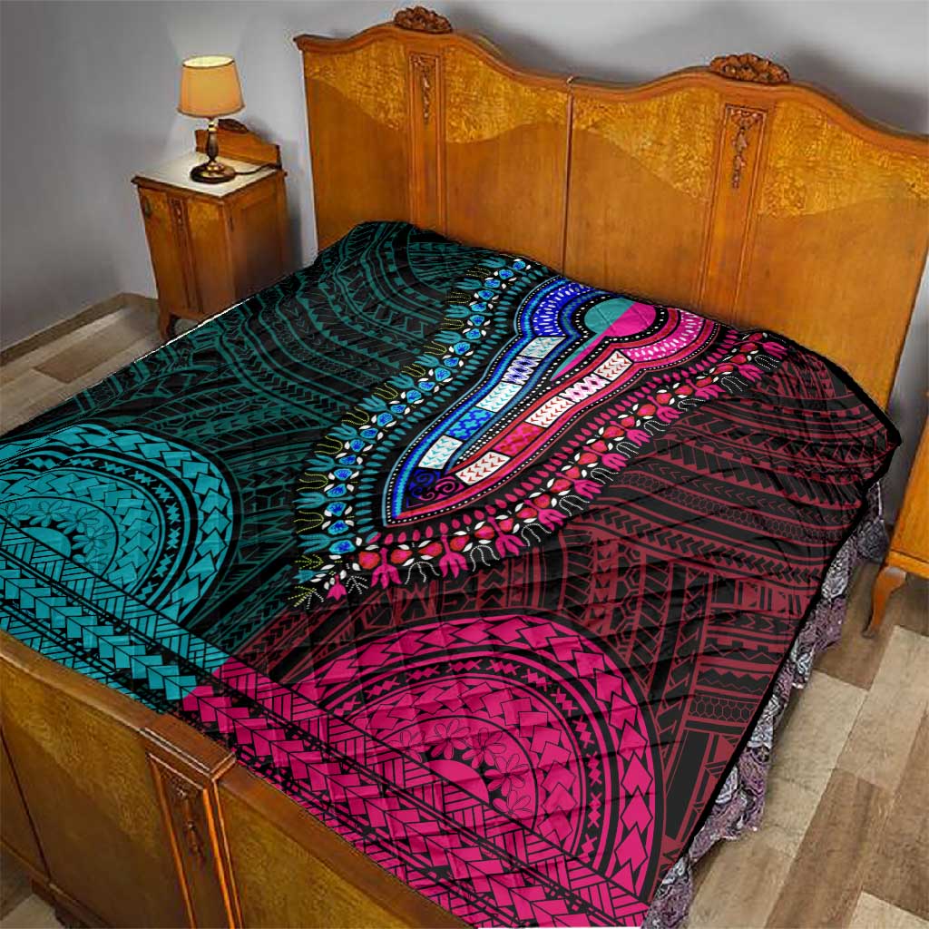 African Dashiki and Polynesian Pattern Quilt Half Teal-Pink LT9