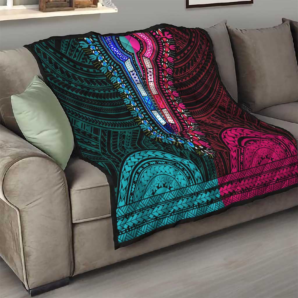 African Dashiki and Polynesian Pattern Quilt Half Teal-Pink LT9